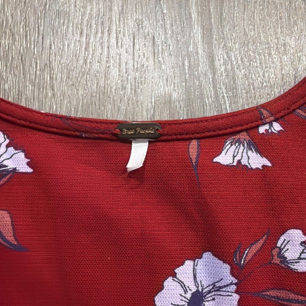 Free People Adelle Tunic Dress Womens L Large Red Floral Puff Sleeves Tie Front - Picture 4 of 9